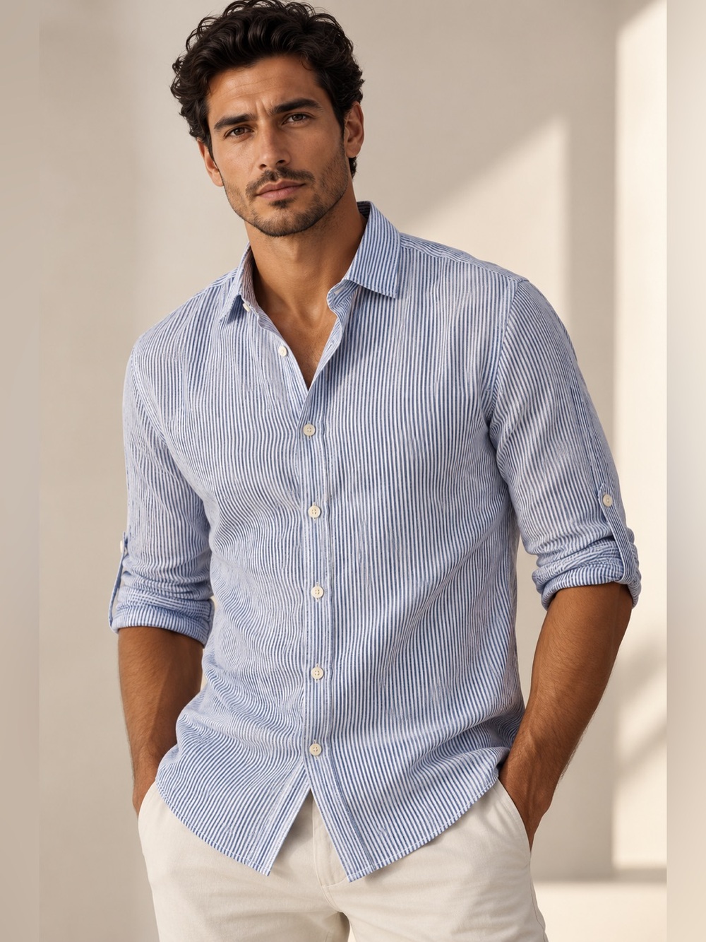 Perry Ellis Light Blue and White Striped Button-Down Shirt linen S